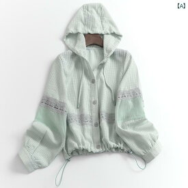 女性 パーカー 空調 シャツ ジャケット 夏 ショート ステッチ フード付き テクスチャ ライトトップ 緑 黒 白