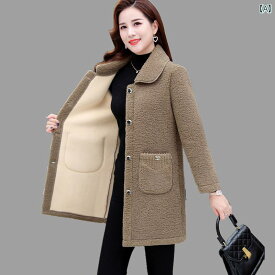 レディース コート ママ 婦人服 冬用 ミドル レングス 模造 ラムウール ベルベット 厚手 シンプル ファッション ブラウン レッド グリーン