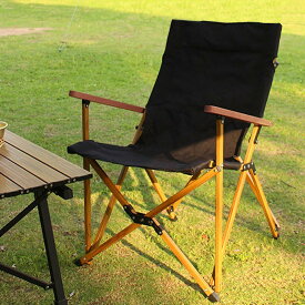 アウトドアチェア リラックスチェア 天然木アームレスト ズック折りたたみチェア 丈夫 便利 お釣り アウトドア キャンプ 砂浜 軽いチェア (黒い椅子) LVYUAN（リョクエン）
