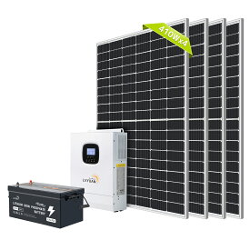 LVYUAN【正規品】1640Wソーラー発電システム ハイブリッドインバーター出力3000W 蓄電量5.12kWh ソーラーパネル410Wx4セット+25.6V/200AHリン酸鉄リチウムイオンバッテリー セット+MPPT 3KWハイブリッド インバーター