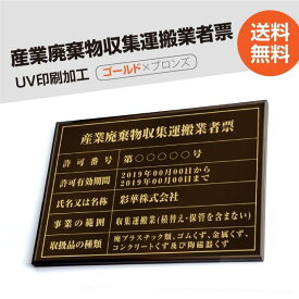 ■産業廃棄物収集運搬業者票【ブロンズxゴールド】 W50cm×H35cm 文字入れ加工込 宅建 業者票 宅建表札 宅建看板 不動産 許可書 事務所 法定看板 看板 金看板 法定サイズクリア 選べる4書体 安価でおしゃれな許可票看板 事務所看板 短納期 cyfqw-brz-gold-blk