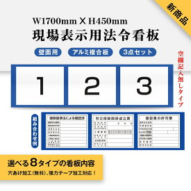 新商品★ 現場表示用法令看板 壁面用 空欄記入なしタイプ W1700mm×H450mm 3点タイプ（横タイプ）工事看板 道路工事 建設業の許可票 産業廃棄物 労災保険関係成立票 道路占用使用許可表示板 建築基準法による確認済 ［gs-pl-Genba-nashi04］