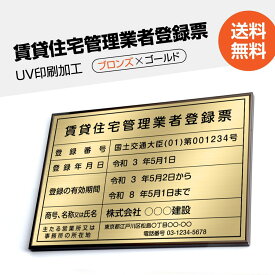 ■賃貸住宅管理業者登録票ブロンズxゴールド W50cm×H35cm 選べる4書体 4枠 UV印刷 ゴールドステンレス仕樣 撥水加工 錆びない 看板 法定サイズクリア 宅地 建物 取引業者 金看板 宅建 標識 事務所用 pdzz-brz-gold