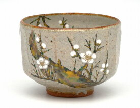 茶道具・茶器　抹茶茶碗、灰釉　白梅、京焼　秋峰窯　中村良二（りょうじ）作、桐共箱　新品。