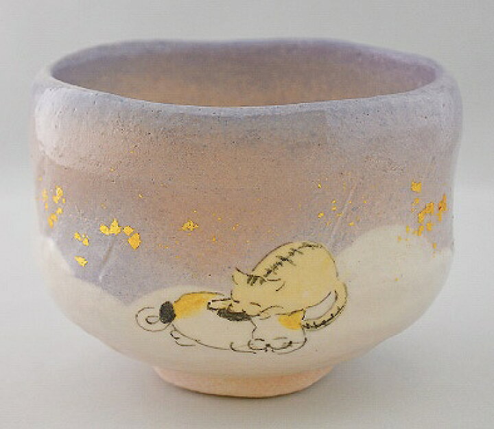 茶道具・茶器 抹茶茶碗 御題 夢 楽焼 白楽 猫ちゃんの夢 京都 吉村楽入作 桐共箱 新品 佐藤大観堂