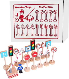 木製おもちゃ 車遊び 情景部品 道路標識 交通標識 信号 標識おもちゃ ミニカー用 町 交差点 街づくり 交通ルール 車おもちゃ 男の子 女の子 知育玩具 子供向け