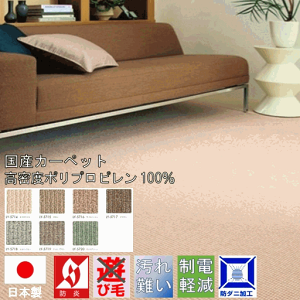 防炎 カーペット 8畳 じゅうたん 防汚 防ダニ 静電 抗菌 おしゃれ 日本製 無地 ベージュ ブラウン グレー グリーン 丸巻き 8畳中敷き 300×300cm SINCOL 【レイラ/8帖中敷き】