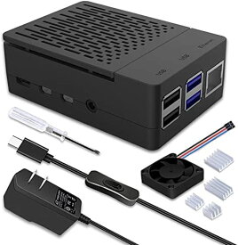 GeeekPi Raspberry Pi 4ケースRaspberry Pi 4 5V 3A USB-C電源 PSE取得 アダプター+ 40x40x10mm PWM冷却ファン+ 4個のヒートシンク、Raspberry Pi 4 Model bに適合