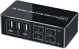 ELEVIEW 4K KVMスイッチ パソコン切替器（PC4台用）HDMIディスプレイ USBキーボード・マウスを共有 | 4K@60Hz USB2.0ハブ バスパワー 電源不要 手元スイッチ ケーブル付き EHD-610N