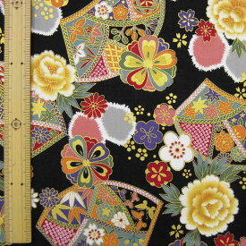 和柄 金彩扇面文と菊桜文様 黒 【布地　生地　和柄】【和柄生地】【MR】