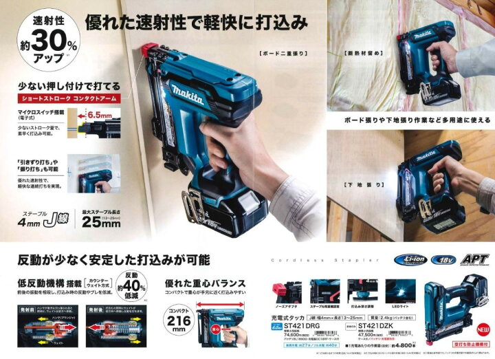 楽天市場】マキタ(makita) ST421DZK 充電式タッカー【ステープル4mm 