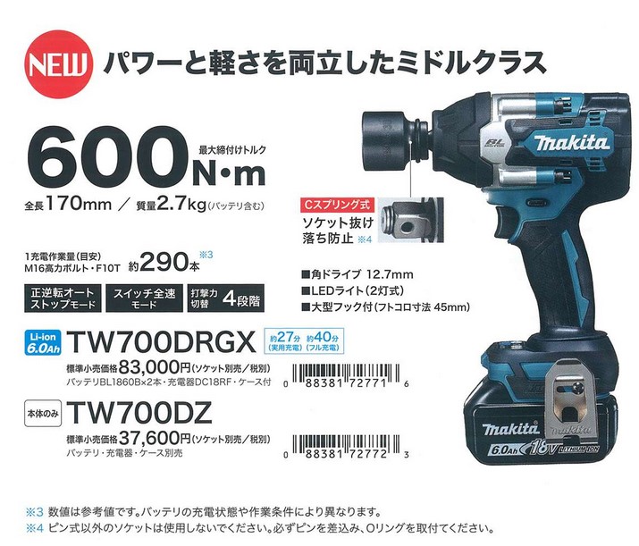 楽天市場】マキタ(makita) TW700DRGX 充電式インパクトレンチ 18V 6.0 ...