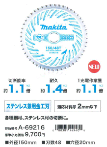 �}�L�^(makita) DC�z���C�g���^���`�b�v�\�[ �X�e�����X���p���H�n 150mm �n��48 A-69216 �[�d���`�b�v�\�[�J�b�^ CS004G CS551D CS553D�p ����