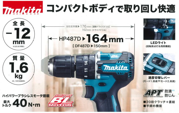 楽天市場】マキタ(makita) DF487DRGX 充電式ドライバドリル 青 18V 6.0 