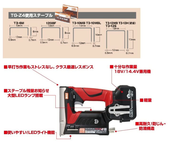 楽天市場】マックス(MAX) 充電式タッカー TG-Z4-BC/1850A 18V 5.0Ah 