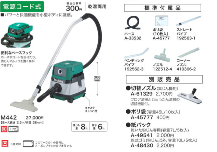楽天市場】マキタ(makita) 集じん機 乾湿両用 AC100V M442 DIY向け  