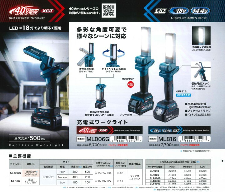 楽天市場】マキタ(makita) ML816 充電式LEDワークライト【本体のみ 