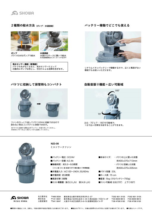 楽天市場】SHOWA(昭和商会) 充電式 ミストワークファン N23-06 工場扇 