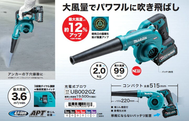 楽天市場】マキタ(makita) UB002GZ 充電式ブロワ 送風・集じん両用 