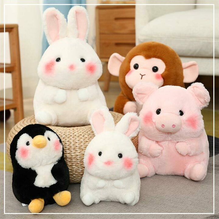 楽天市場 動物仲間 まんまる ぬいぐるみ ふわふわ うさぎ うし ペンギン サル ブタ ゾウ かわいい 28cm 子供 6種類選べる 誕生日 お祝い プレゼント ギフト 貴子楽天市場店