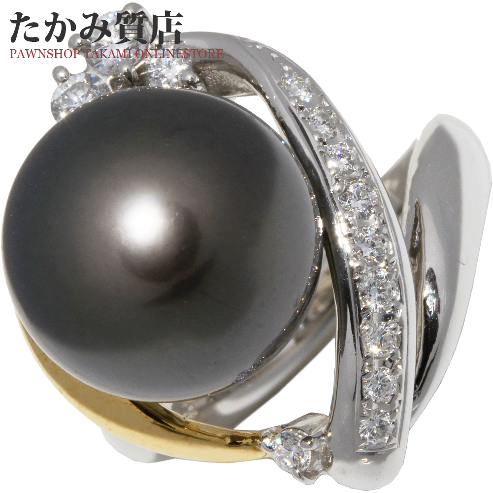 指輪(リング) Pt900 K18YG ブラックパール 真珠 13.2ミリ ダイヤ0.365ct 11号