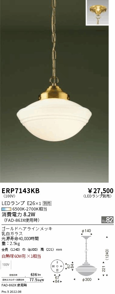 遠藤照明 ペンダント ランプ別売 無線調光 ERP7143KB 工事必要-