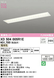 オーデリック XD504005R1E LEDベースライト LED-LINE R15高演色 クラス2 埋込型 下面開放型(幅220 ルーバー付) 40形 2000lmタイプ FLR40W×1灯相当 非調光 電球色3000K 照明器具 天井照明 店舗・施設向け