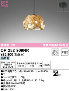 オーデリック OP252909NR LED和風ペンダントライト made in NIPPON 別府竹細工 白熱灯器具60W相当 フレンジタイプ R15高演色 クラス2 昼白色 非調光 照明器具 吊下げ 和室向け