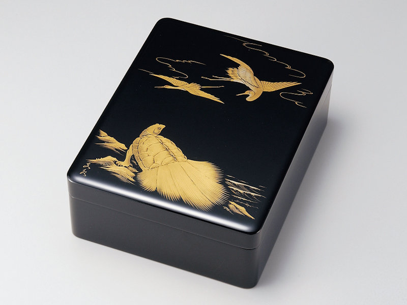 沈金鶴亀 文庫 黒 1個：木製漆塗り 日本製 書類入れ デスク 御祝 記念品 プレゼント ギフト