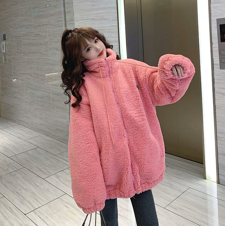 楽天市場 21新年服 レディース ブルゾン ピンク ボア アウターふわもこ感コートもこもこ ボア ブルゾン 長袖 もこもこ ふわふわ 防寒 ゆったり 無地ロング丈カジュアル通勤通学 美シルエット ジャケット 気質スーツ 可愛いかわいい学生 ボリューム袖 竹田雑貨商店事務所