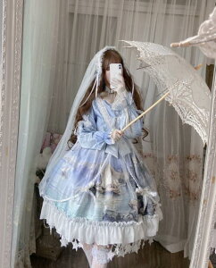 ブルー系白鳥柄宮廷風花嫁ワンカラーゴスロリワンピース ロリィタ長袖/半袖OP Lolita ロリータ コスプレ ウェディングドレス日常服ゴスロリワンピース人形師 レディースフリルレース ワイン