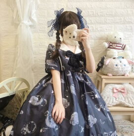 ガラスクラゲ柄セーラー風春夏パンダ柄ワンカラーゴスロリワンピース ロリィタ 半袖OP Lolita ロリータ コスプレ ウェディングドレス日常服ゴスロリワンピース人形師 レディースフリルレース ワインカート 可愛いお嬢様姫系少女ワンピ