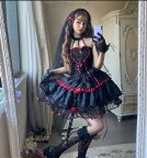 ゴシック魔女ヴァンパイアローズ暗黒カラーゴスロリワンピース ロリィタOP Lolita ロリータ コスプレ ウェディングドレス日常服ゴスロリワンピース人形師 レディースフリルレース ワインカート ウェディングドレスオシャレお嬢様姫系少女ワンピワンピゴージャスドレス