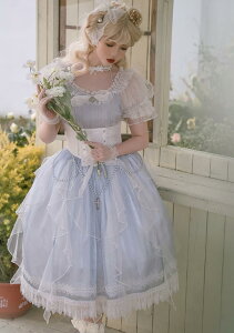 新品ブルー仙气花嫁春夏ゴスロリワンピース ロリィタ 半袖OP Lolita ロリータ コスプレ ウェディングドレス日常服ゴスロリワンピース人形師 レディースフリルレース ワインカート ウェディ