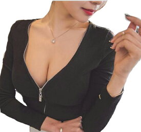 新作春秋ファッション レディース長袖シャツ 夜店 ボディコン 胸元 スリムTシャツ ショットタイプ セクシー ぴったりシャーツ トップス　無地 日常服 通学服 団服個性　スリム効果 Vネック ファスナー 黒 2点送料無料