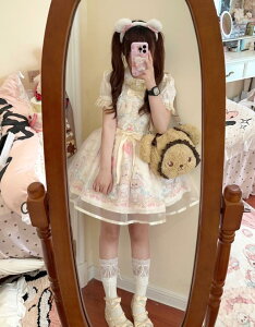 キャミソールスカートベアロリータスカートゴスロリワンピース ロリィタ OP Lolita ロリータ コスプレ 日常服ゴスロリワンピース人形師 レディースフリルレース ワインカート少女ワンピ jsk
