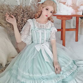 ゴスロリ日常服ワンピース人形師 ドレス ロリィタ OP 膝丈 Lolita ロリータファッション コスプレ ロリータ服 ワンピース クラゲ 森ガール長袖レディースフリルレース ワインカート 可愛い お嬢様 姫系 少女ワンピ ゆったり 蝶結び付き2点セットアップ