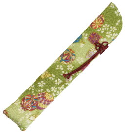 女性用（婦人用）ちりめん扇子袋（黄緑色・桜と手毬柄）
