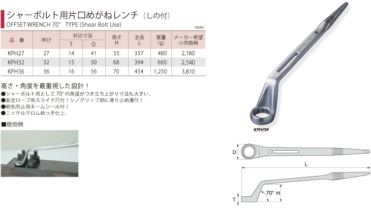 スーパーツール シャーボルト用片口めがねレンチ(しの付) KPH32 サイズ：32 全長：394 機械と工具のテイクトップ