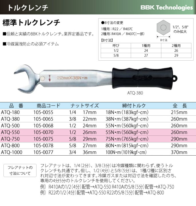 楽天市場】BBK トルクレンチ 標準トルクレンチ ATQ-500 ナットサイズ 
