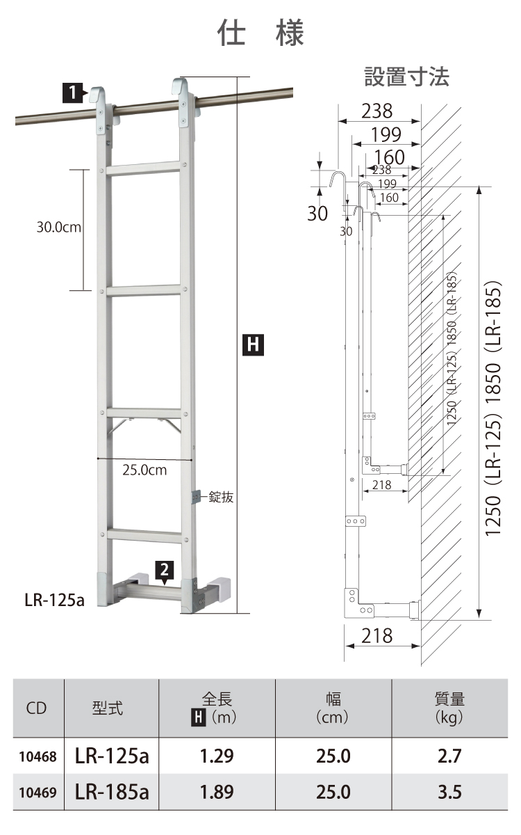 楽天市場】長谷川工業 アルミ垂直はしご LR-125a 全長：1.29m 最大使用