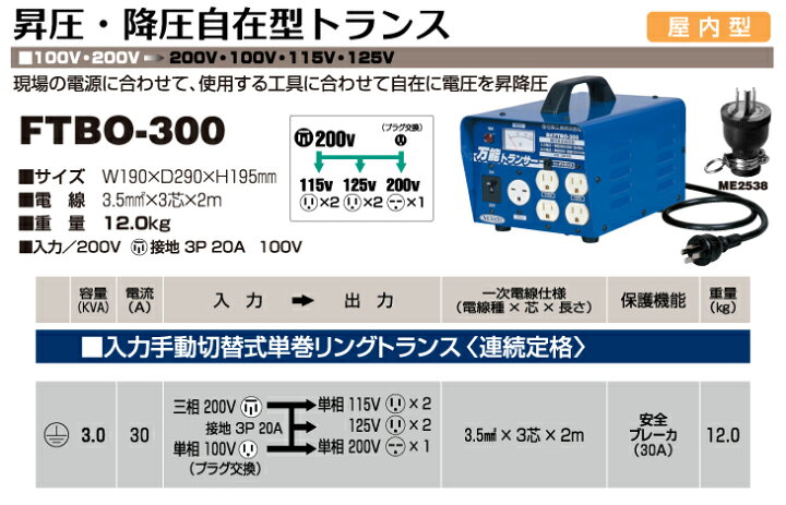 楽天市場】日動工業 昇圧・降圧自在型トランス FTBO-300 入力手動切替 