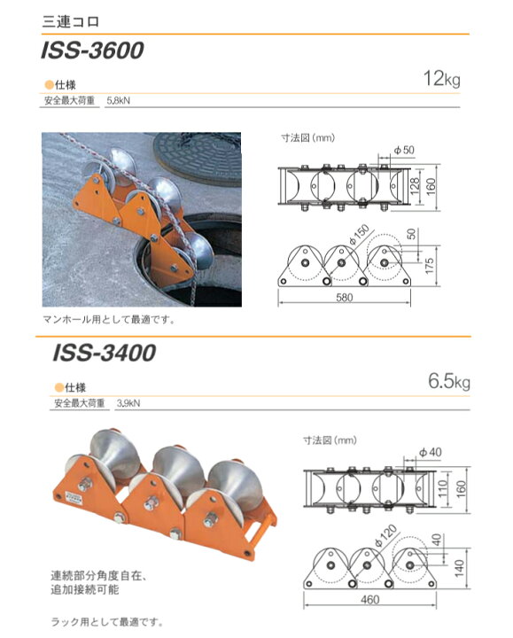楽天市場】育良精機 (配送先法人様限定) 三連コロ ISS-3400 安全最大  