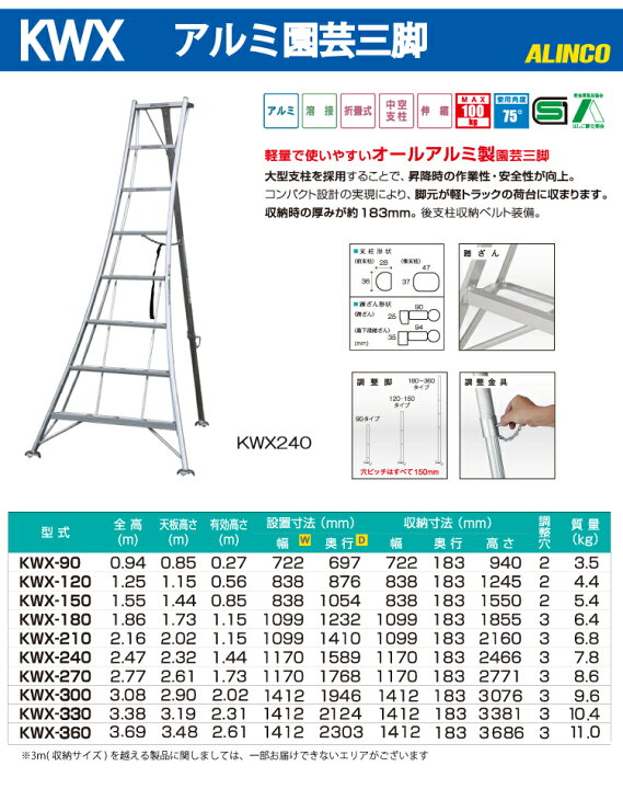 楽天市場】アルインコ アルミ園芸三脚 KWX-330 天板高さ：3.19m 最大 