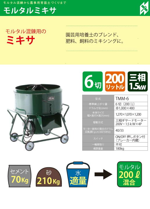 楽天市場】トンボ工業 (配送先法人様限定) 電動モルタルミキサー TMM-6 