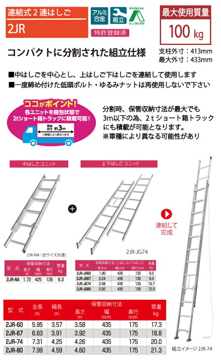 楽天市場】ピカ/Pica 連結式2連はしご 2JR-80 最大使用質量：100kg 