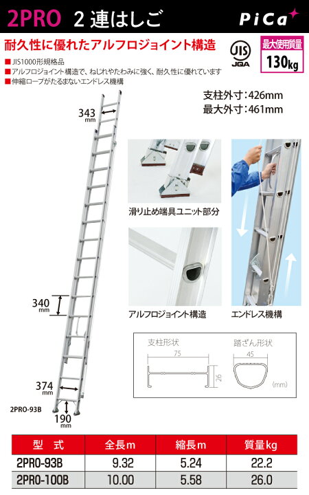 楽天市場】ピカ/Pica 2連はしご プロ 2PRO-100B 最大使用質量：100kg 