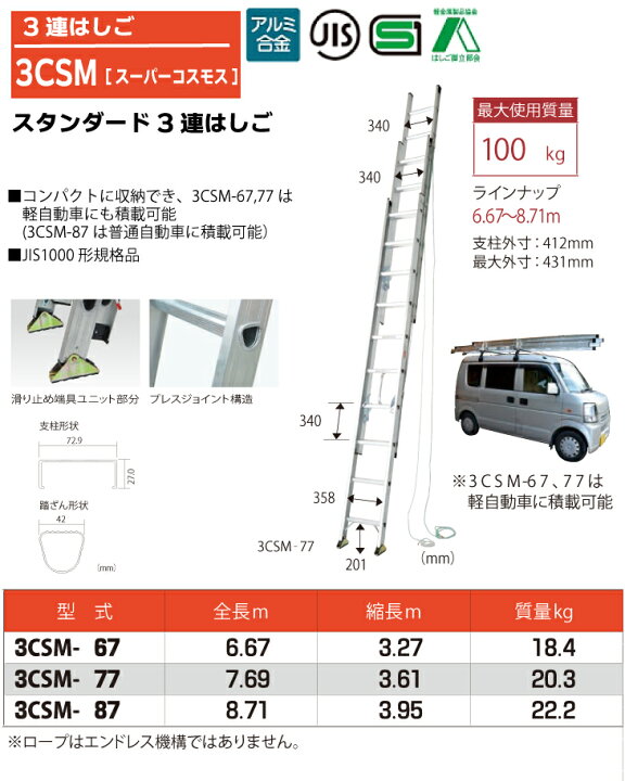楽天市場】ピカ/Pica 3連はしご スーパーコスモス 3CSM-77 最大使用 
