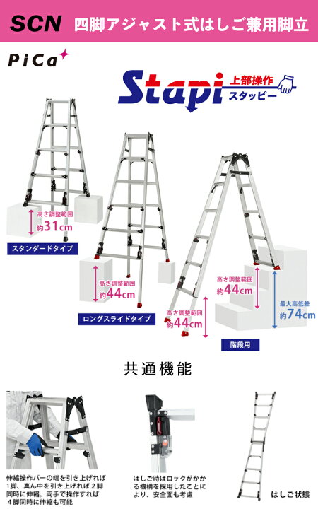 楽天市場】ピカ /Pica 四脚アジャスト式はしご兼用脚立 SCN-210B 上部 
