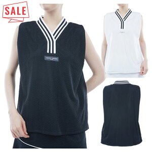 【セール対象】 トミーヒルフィガー ゴルフ Vネックシャツ レディース ノースリーブ シャツ レース メッシュ 軽量 ロゴ ゴルフウェア ブランド 無地 春 夏 秋 THLA412